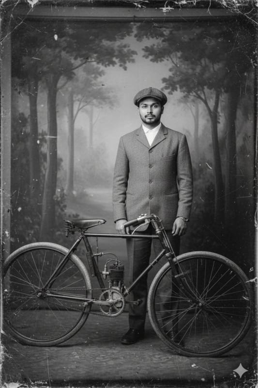 Vintage Portrait with Early Motorized Bicycle - view 1
