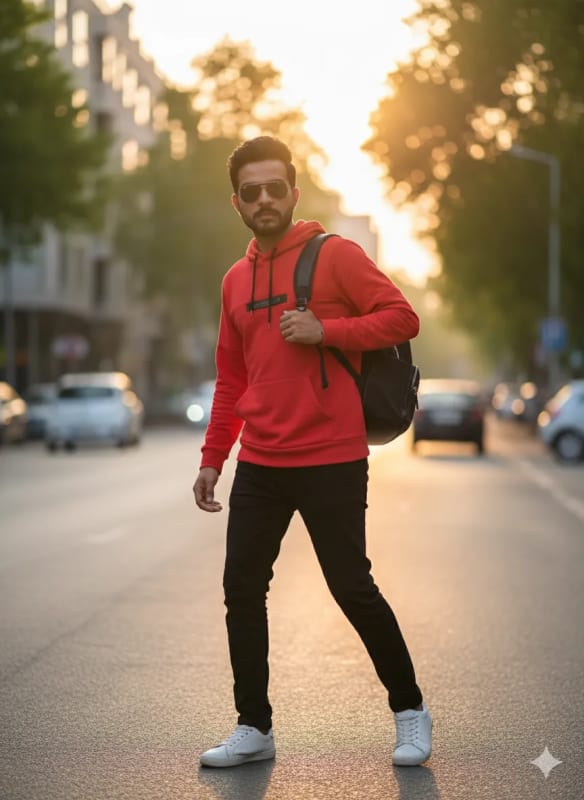 Golden Hour Urban Portrait: Red Hoodie Fashion thumbnail 2