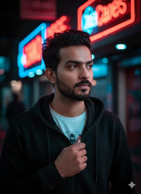 Neon Urban Portrait: Young Man in Hoodie - view 1