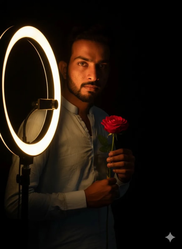 Dramatic Portrait with Ring Light and Red Rose - view 1
