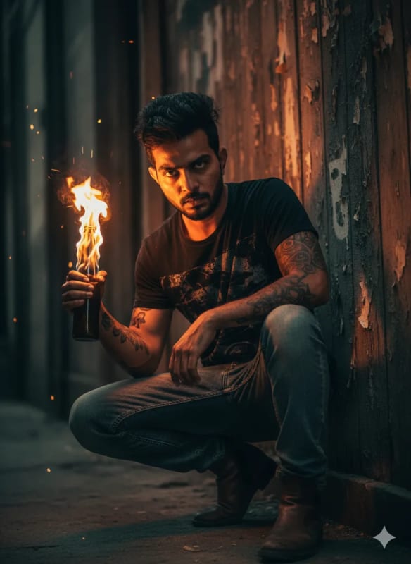 Rebellious Youth with Flaming Bottle: Cinematic Portrait thumbnail 2