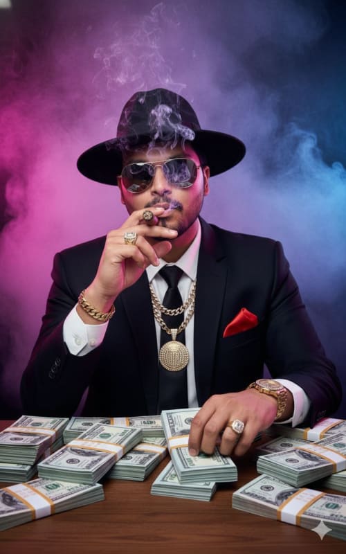 Luxurious Portrait of a Confident Man Amidst Wealth thumbnail 2