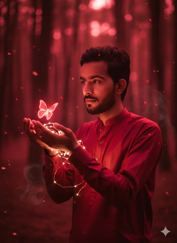 Dreamy Nocturnal Portrait of a Young Man with Fairy Lights thumbnail 2