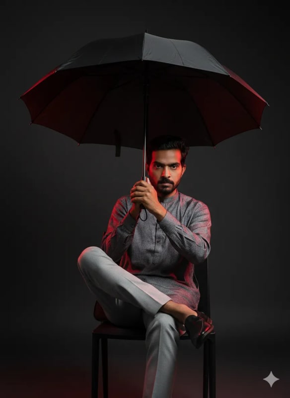 Dramatic Portrait of a Young Man with Umbrella - view 1