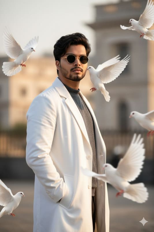 Stylish Man Portrait with Doves: Hyper-Detailed 8K Cinematic - view 1