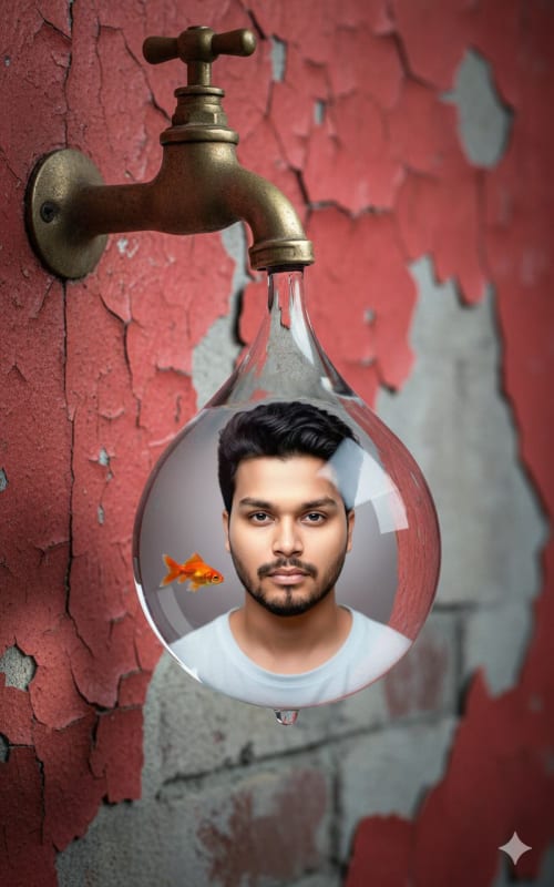 Hyperrealistic Water Droplet Portrait with Goldfish - view 1