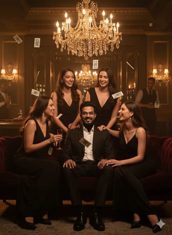 Opulent Lounge Scene: Confident Man and Elegant Women - view 1