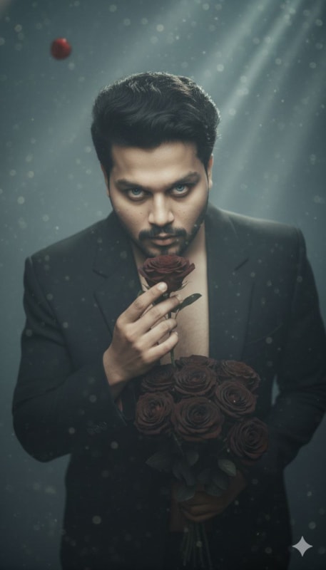 Gothic Melancholy: Asian Man with Dark Roses - view 1
