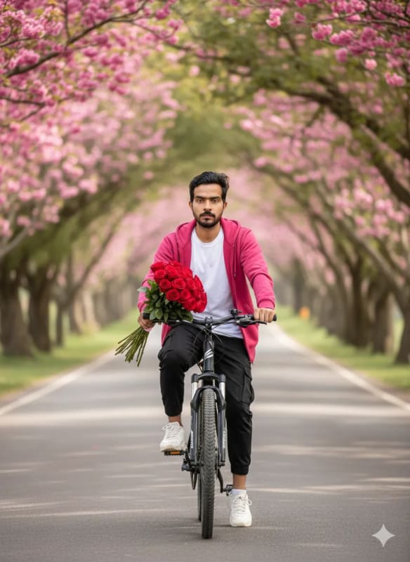 Romantic Bicycle Ride Portrait: Man with Roses in Nature - view 1