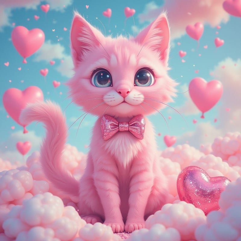 Whimsical Pink Cat Art: A Playful Dreamscape - view 1