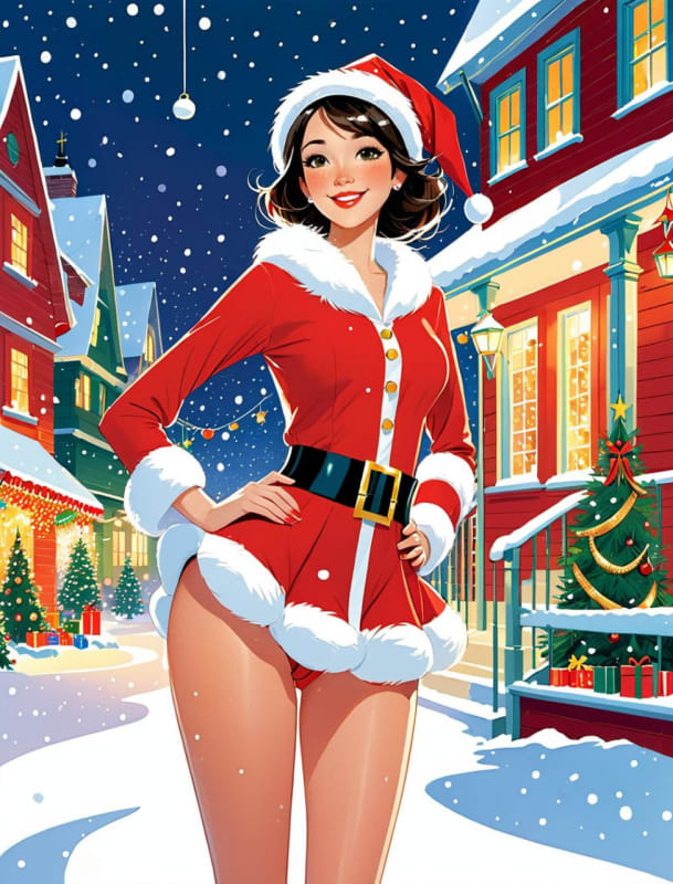 Festive Santa Girl Portrait: Whimsical Holiday Illustration thumbnail 2
