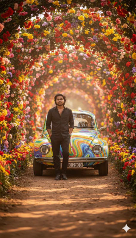 Stylish Man with Vintage VW Beetle in Floral Tunnel - view 1