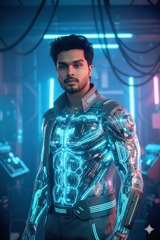 Cyborg Man Portrait: Futuristic Android in Neon-Lit Lab - view 1