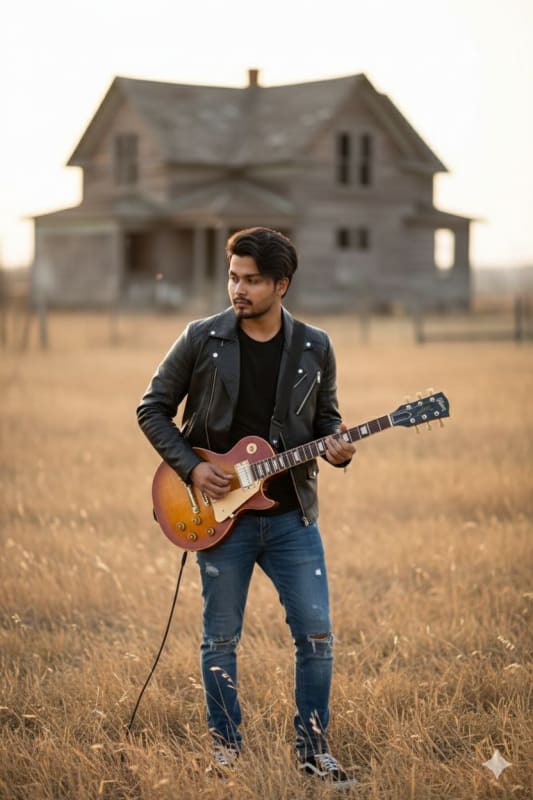 Nostalgic Guitar Performance in Sunset Field: AI Photo Enhancement - view 1