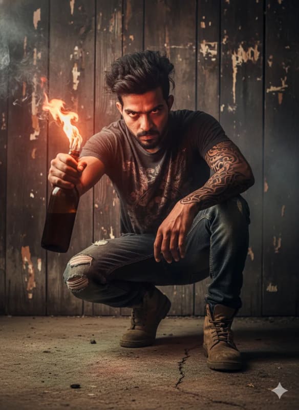 Rebellious Youth with Flaming Bottle: Cinematic Portrait thumbnail 3