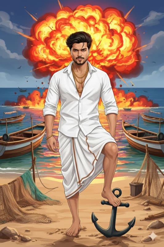 Confident Man with Fishing Boats and Explosion Effect - view 1