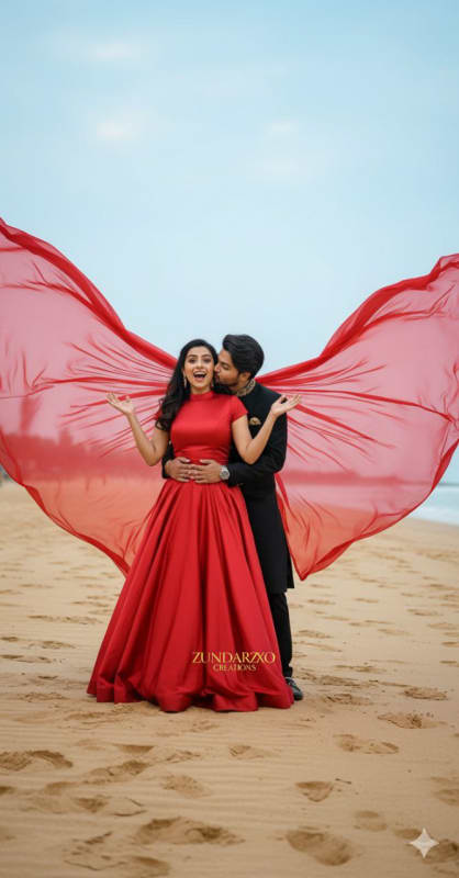 Dramatic Pre-Wedding Photoshoot on a Beach: Indian Couple in Red Gown thumbnail 2