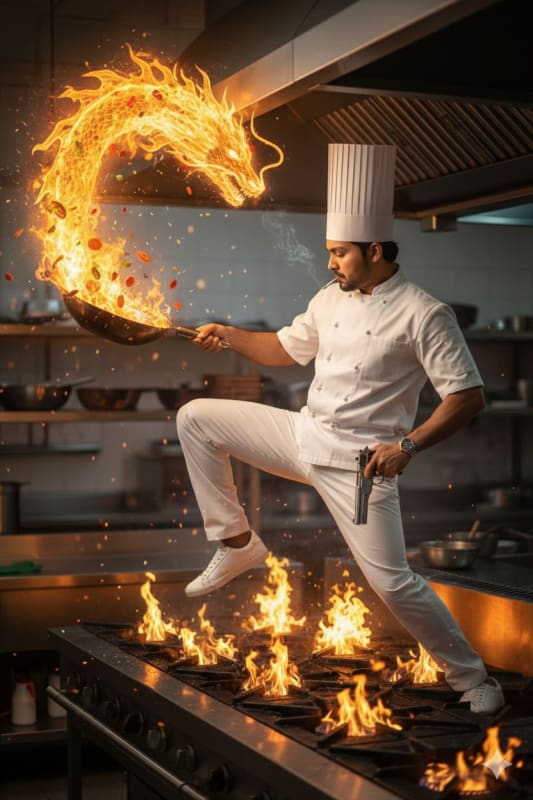 Fiery Chef Jump: Photo Editing Transformation thumbnail 2