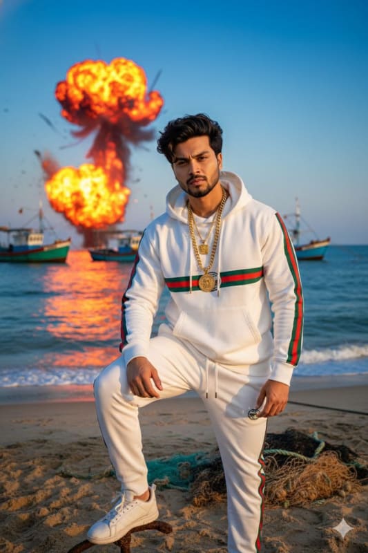 Confident Man with Fishing Boats and Explosion Effect thumbnail 2