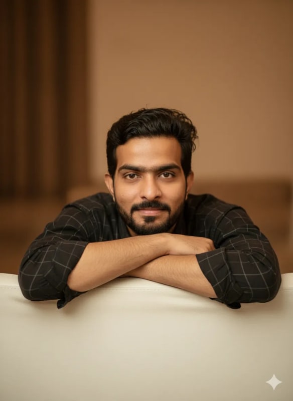 Cozy Portrait of a Man on Red Sofa thumbnail 2