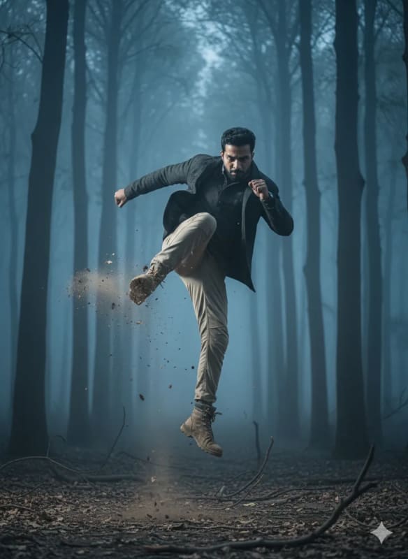 Dynamic High Kick Action Scene in Misty Forest - view 1