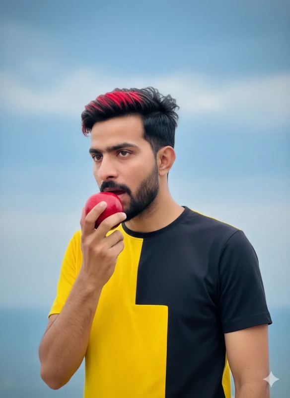 Ultra-Realistic Portrait of a Stylish Young Man Eating an Apple thumbnail 3