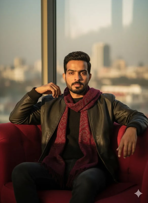 Stylish Man Portrait on Red Couch with City View thumbnail 2