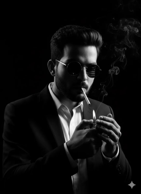 Striking Portrait: Dark Striped Sunglasses in Dramatic Lighting thumbnail 2