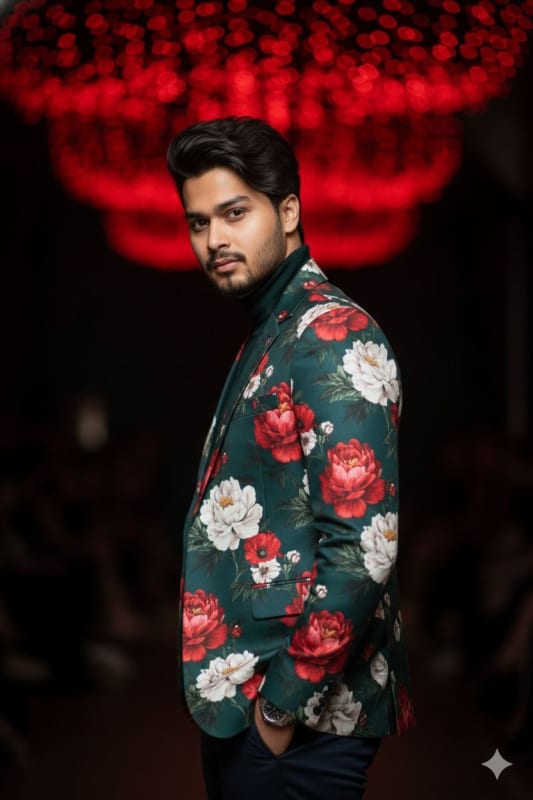 Teal Blazer with Floral Pattern: Fashion Portrait AI Prompt - view 1
