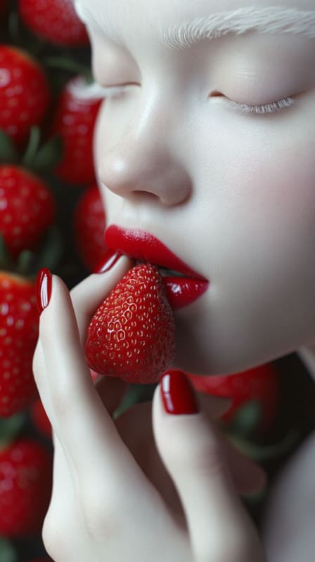 Albino Beauty with Strawberry: A Photorealistic Food Portrait thumbnail 7