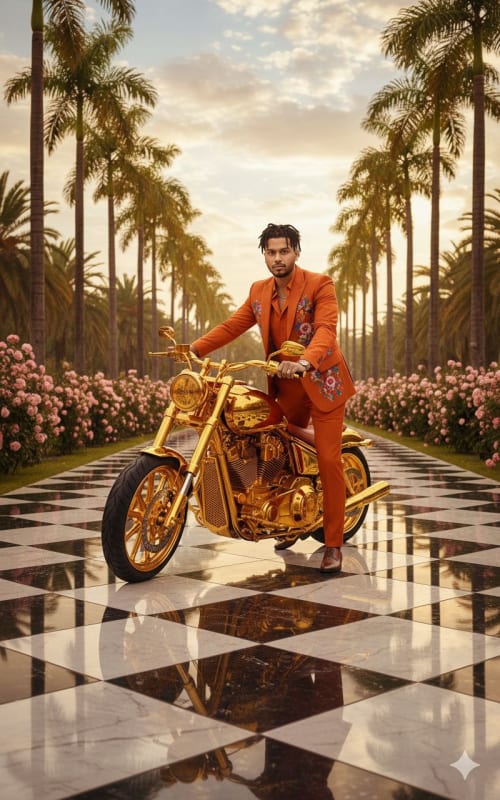 Luxury Gold Motorcycle Fashion Editorial Prompt thumbnail 2