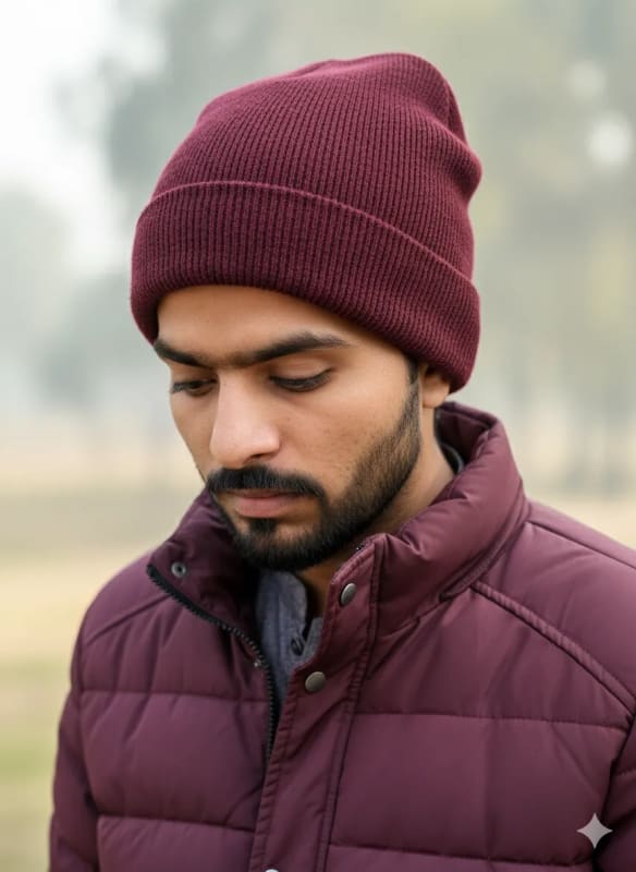 Stylish Winter Portrait: Red Beanie and Maroon Puffer Jacket thumbnail 2