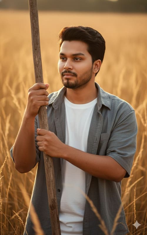 Golden Hour Portrait in Field with Wooden Branch - view 1