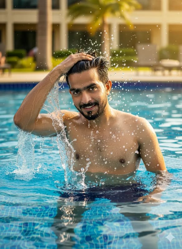 Summer Lifestyle Portrait of a Young Man in a Pool thumbnail 3