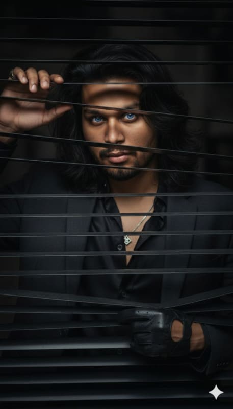 Cinematic Noir Portrait: Peeking Through Blinds thumbnail 2