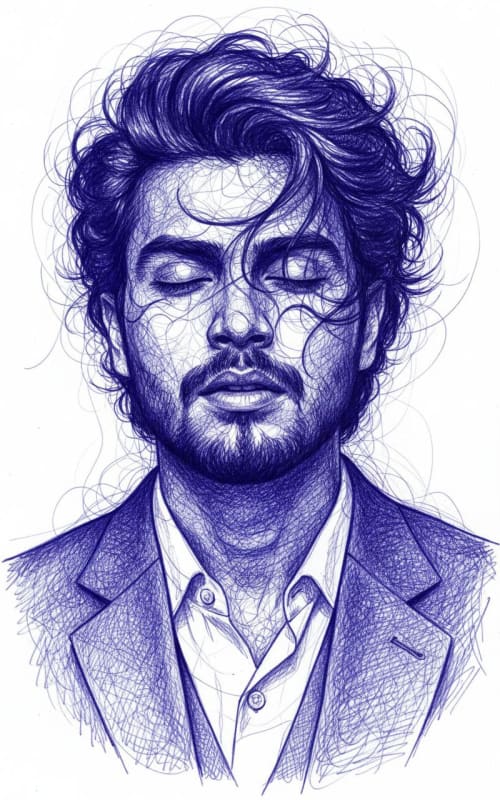 Monochromatic Blue Ballpoint Pen Portrait: Hyper-Detailed Art thumbnail 2
