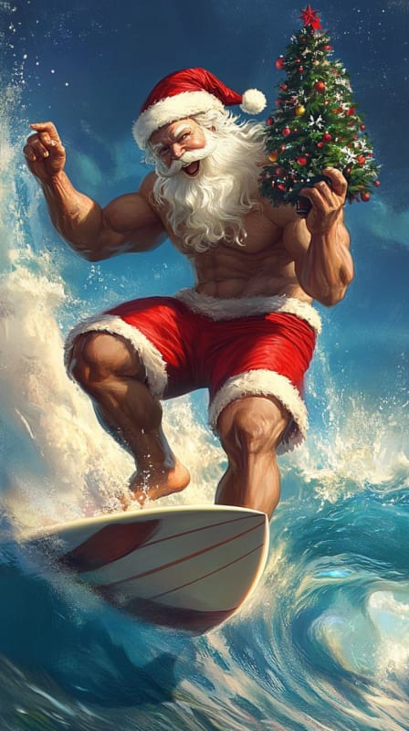 Muscular Santa Surfing: Holiday Cheer Meets Surf Culture thumbnail 4