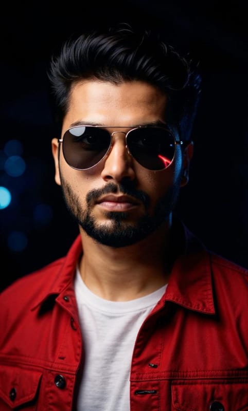 Futuristic Man Portrait with Red Jacket and Aviator Sunglasses thumbnail 3