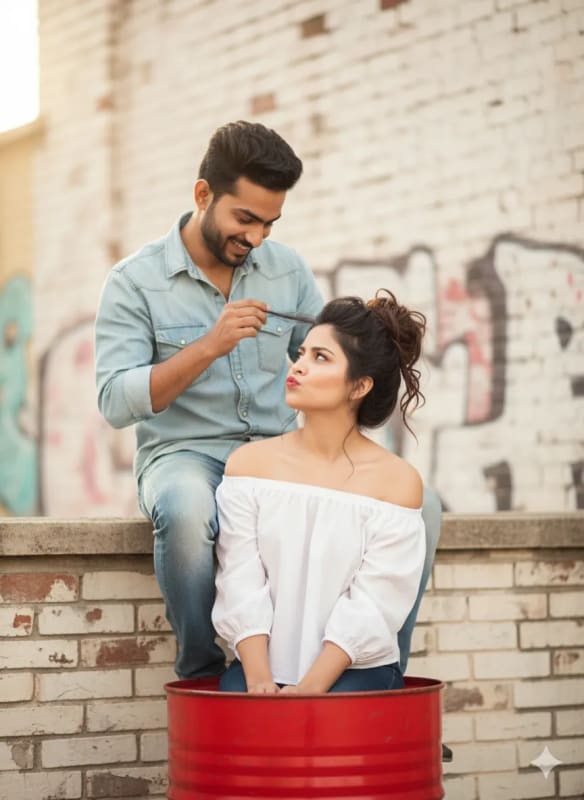 Playful Couple Portrait in Urban Rustic Setting thumbnail 3