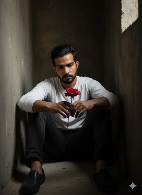 Pensive Man with Rose in Concrete Niche: Cinematic Portrait thumbnail 2