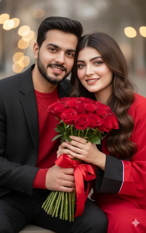 Romantic Couple Portrait with Red Roses thumbnail 2