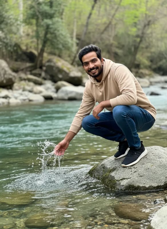 Peaceful River Scene: Young Man Splashing Water thumbnail 2