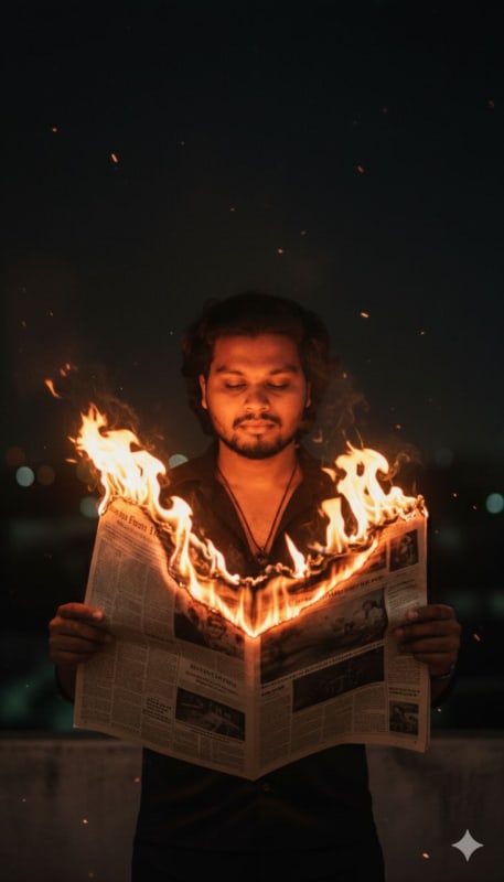 Cinematic Anti-Hero with Burning Newspaper - view 1