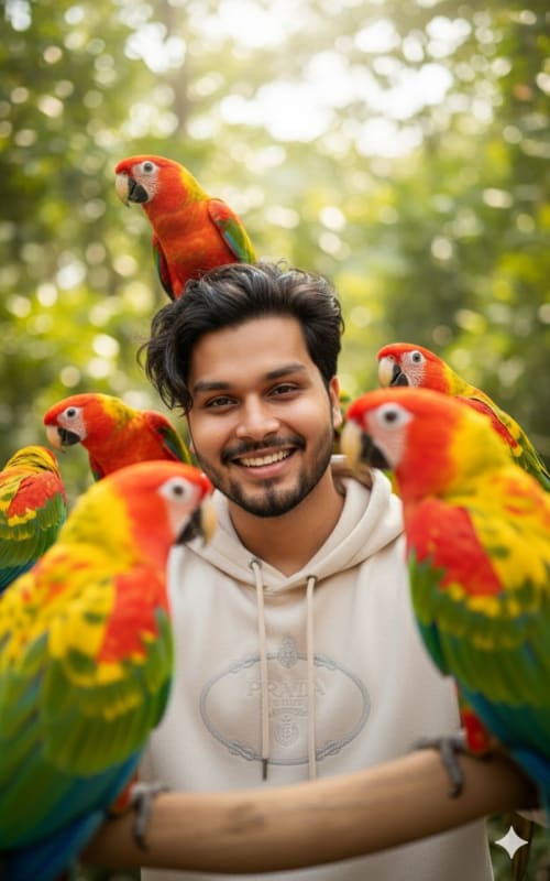 Bearded Man with Colorful Cockatoos: A Vibrant Portrait thumbnail 2