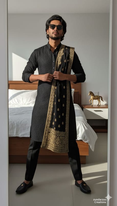 High-Fashion Black Kurta Mirror Selfie thumbnail 3