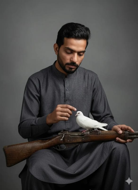 Contemplative Man with Bird and Rifle: Artistic Portrait thumbnail 2