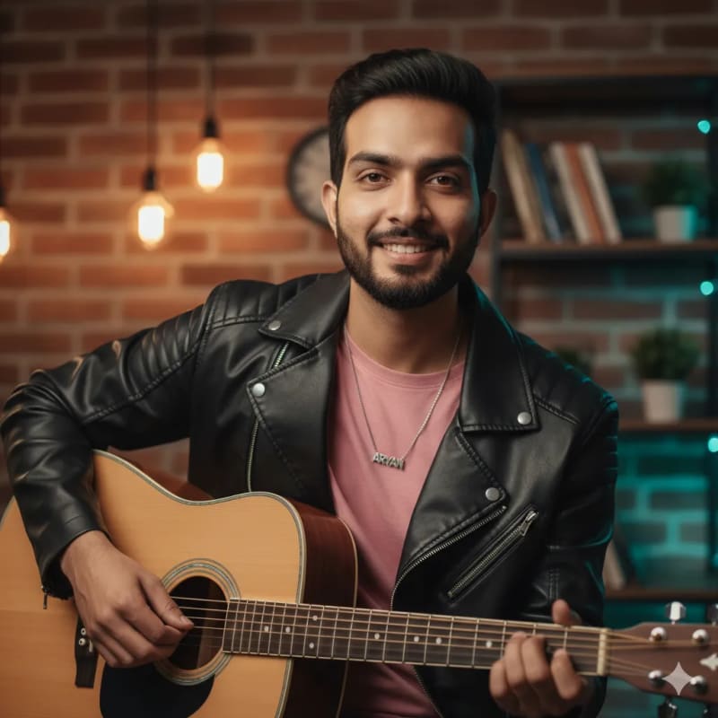 Guitar Player Portrait with Leather Jacket and Modern Style - view 1