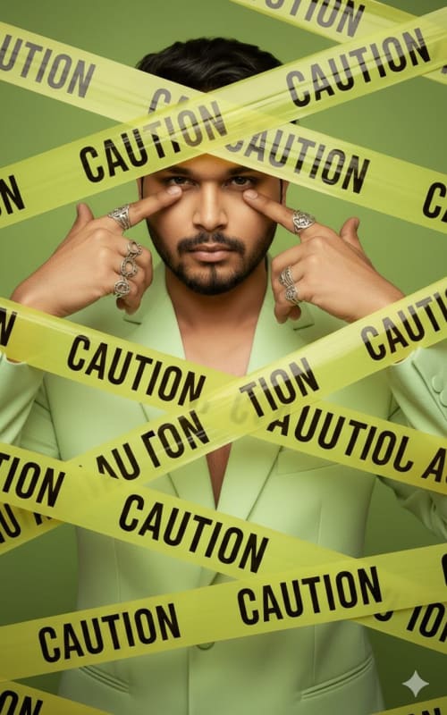 Edgy High-Fashion Portrait with Caution Tape Aesthetic - view 1