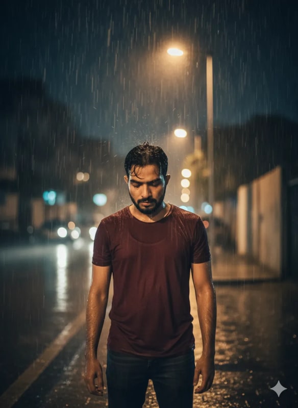 Heartbroken Man in Rain: Melancholic Night Portrait - view 1