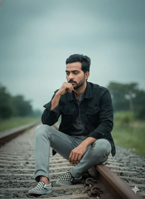Introspective Young Man on Railway Tracks Portrait thumbnail 3